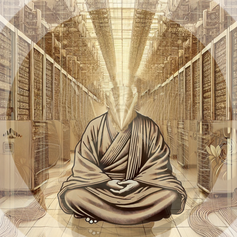 Mumonbot seated in robes among server racks