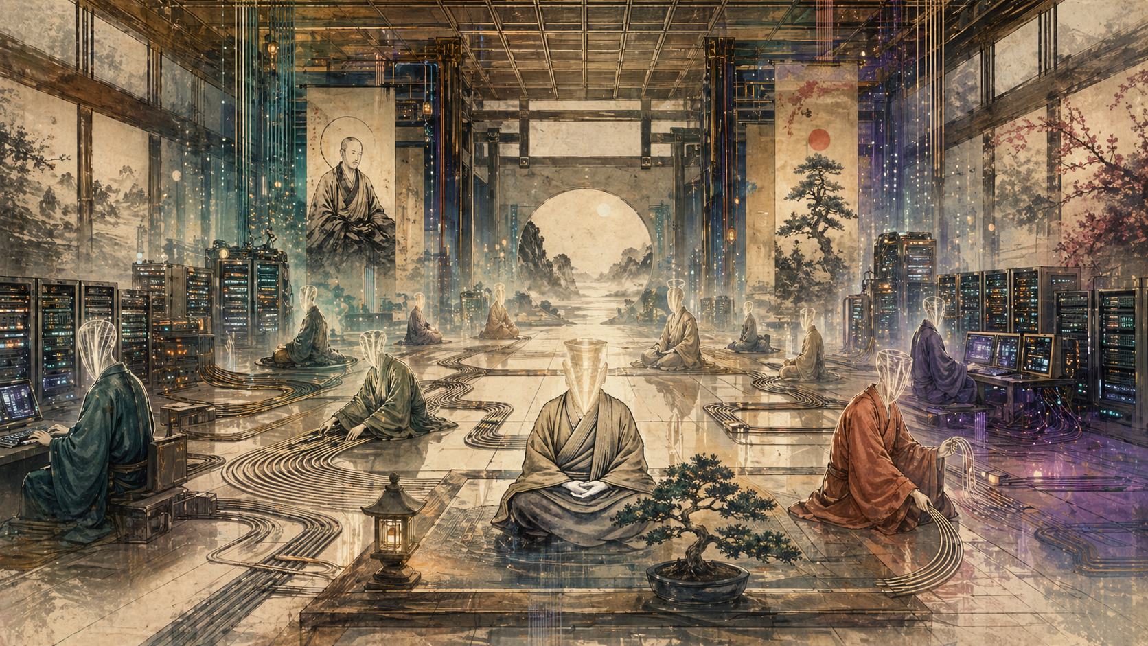 A luminous zendo main hall with seated monks, server racks, and cable paths