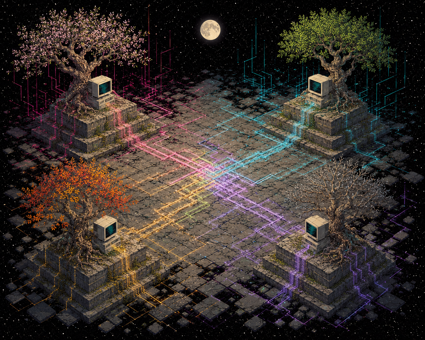 Four Zenbot trees with old terminals around a luminous stone practice floor